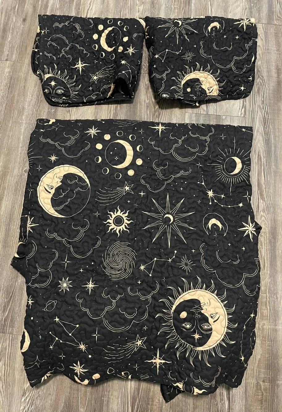 Celestial Sun Moon Quilt Set 83x99 Black Boho Stars 2 Shams Constellation Space